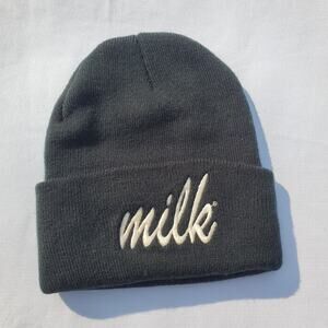 Milk Embroidered Beanie Black Knit Cuffed Hat Streetwear Skater Winter Cap Unise